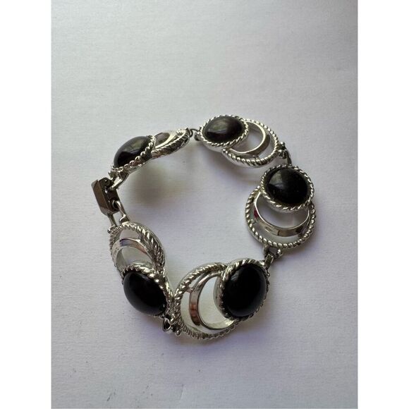 1950s Vintage Sarah Cov Womens Black & Silver Tone Bangled Bracelet Retro Chic - Picture 2 of 4